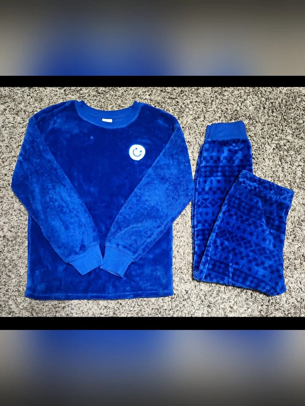 Cat & Jack Plush Royal Blue Kids Pajama Set with Smiley Patch